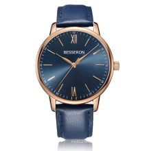 BESSERON 42mm rose gold stainless steel case japan movement blue sunray reflected dial genuine leather band wist watches